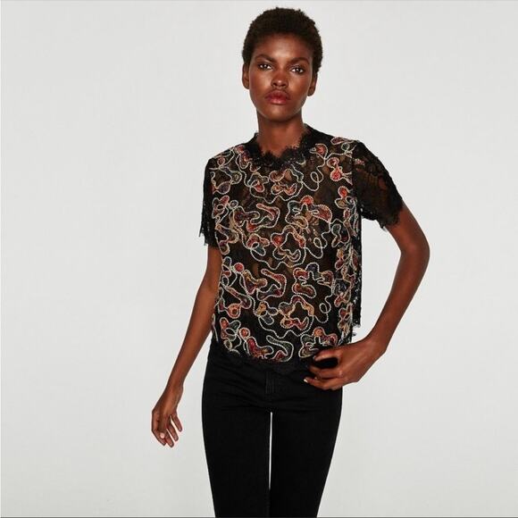 ZARA TRAFALUC Top Womens Size Medium Colorful Embroidered Black Lace Maximalist - Picture 1 of 8
